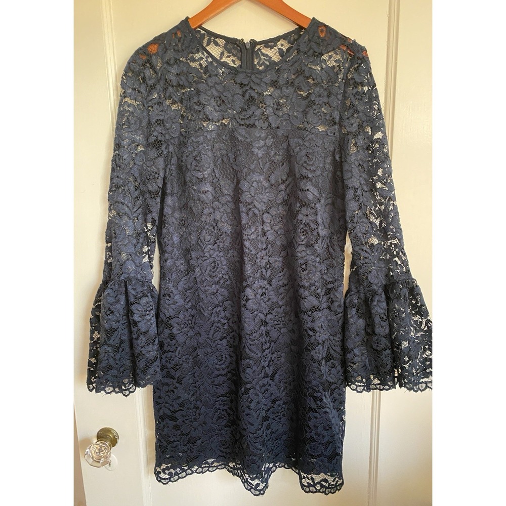 Nicole Miller New York Navy Blue Lace Dress w/Bell Sleeves Size 14